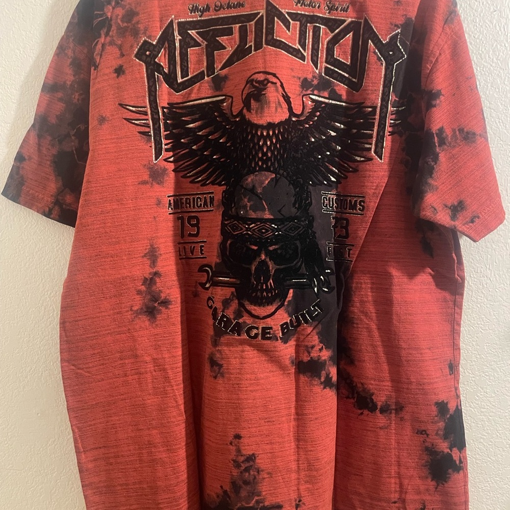 Affliction Black and Orange Short Sleeve Tee with Bold Graphic